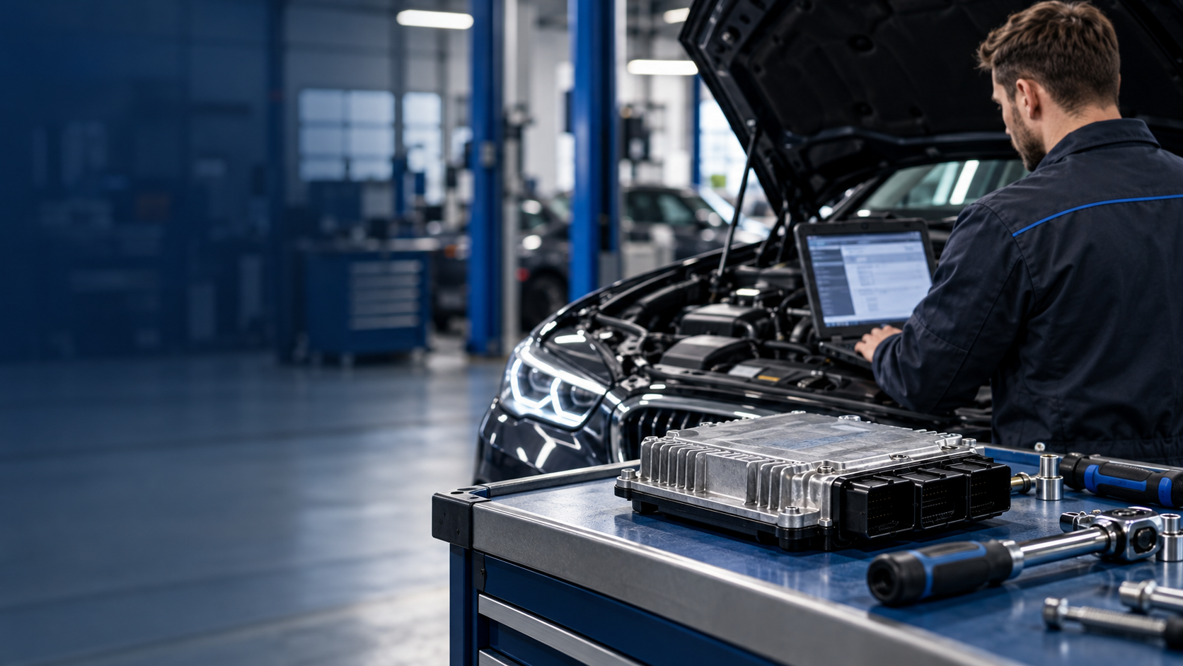 Steuergeräte codieren nach Austausch: Kfz-Diagnose am Fahrzeug mit Laptop und ausgebautem Motorsteuergerät